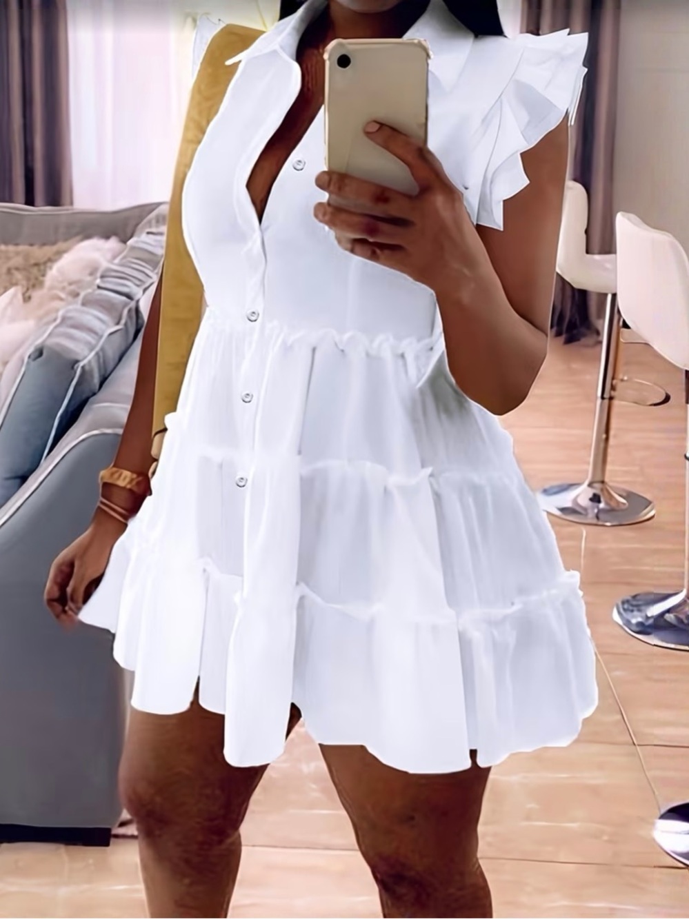 Ruffled Tiered White Button-Front Mini Dress - Unbranded